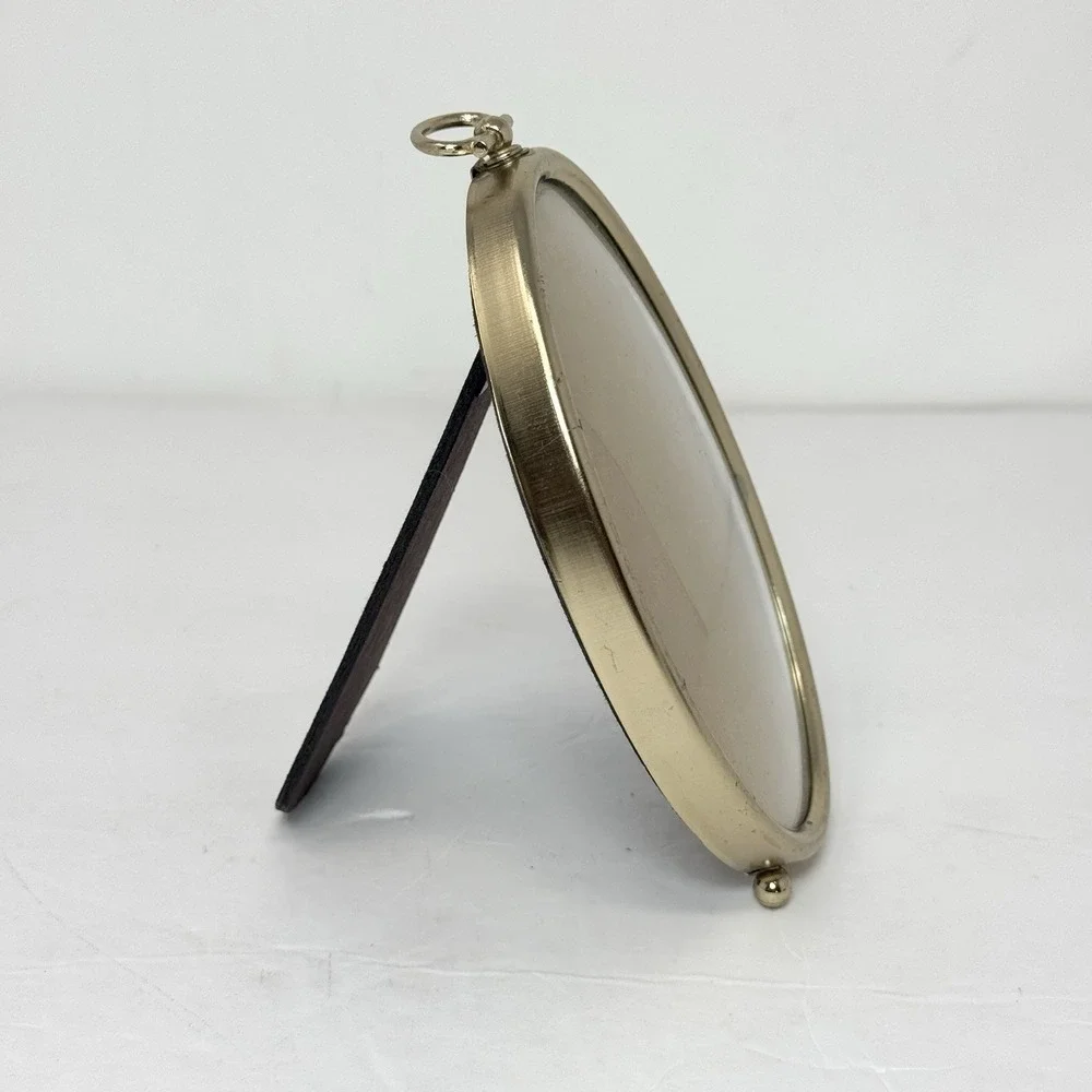 Vintage Convex Bubble Glass OVAL Brass Tone Picture Frame Ball Feet 5